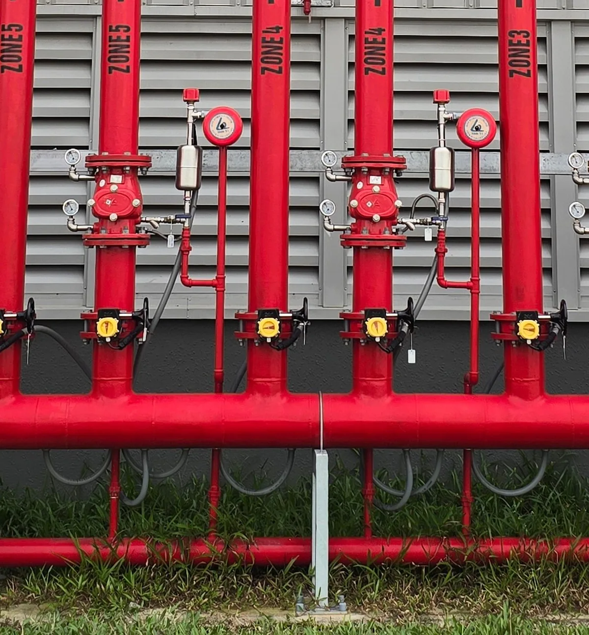 Red fire protection water header with alarm valves, gauges, and zone risers