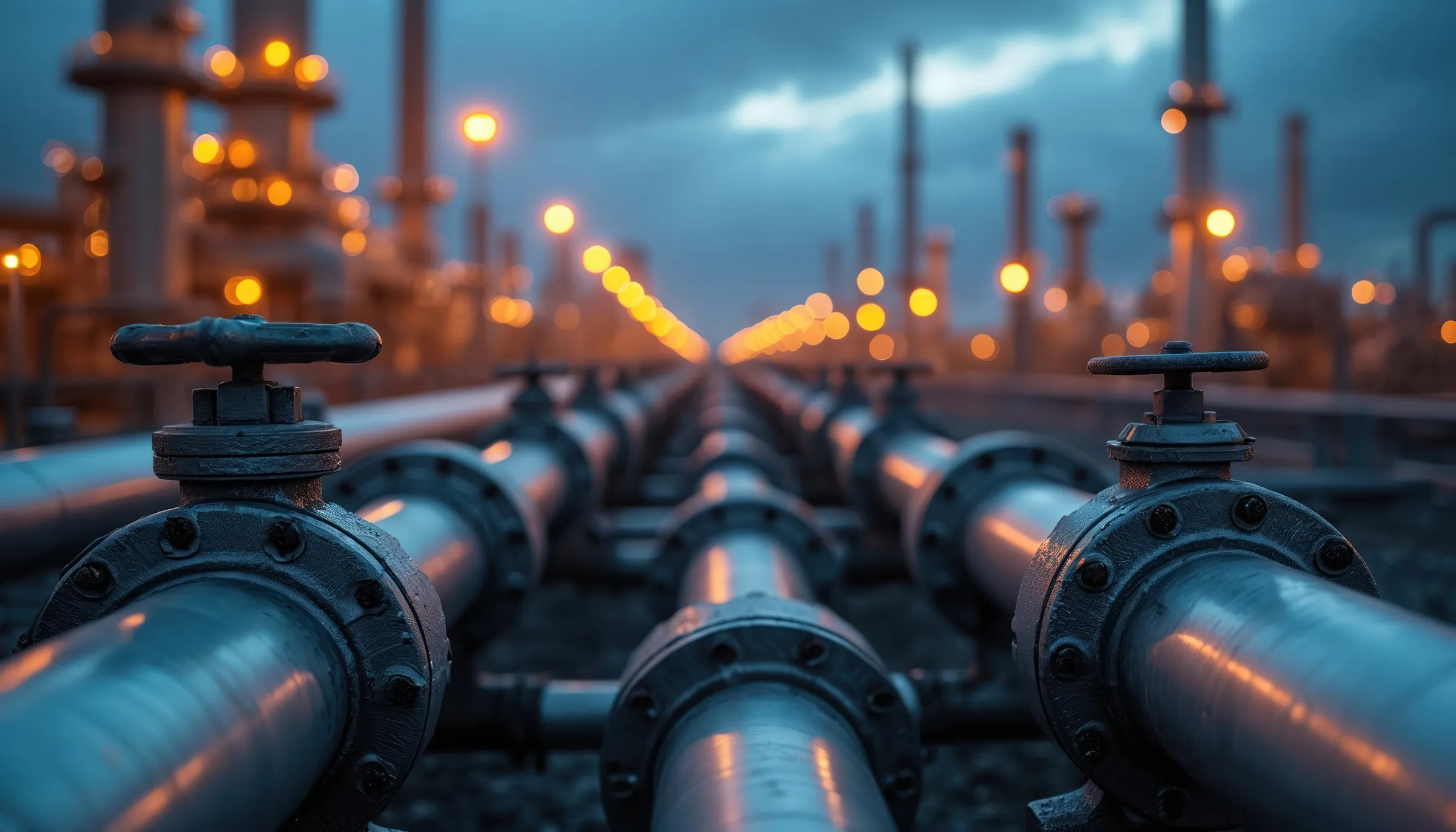 Chemical processing pipeline with flanged connections at dusk