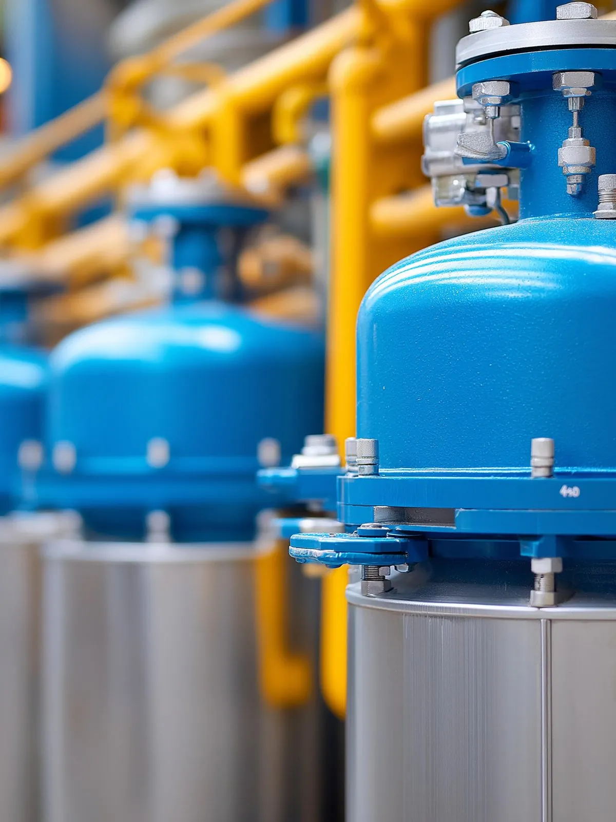 Blue process tanks with bolted flanges and yellow piping in a pulp and paper plant