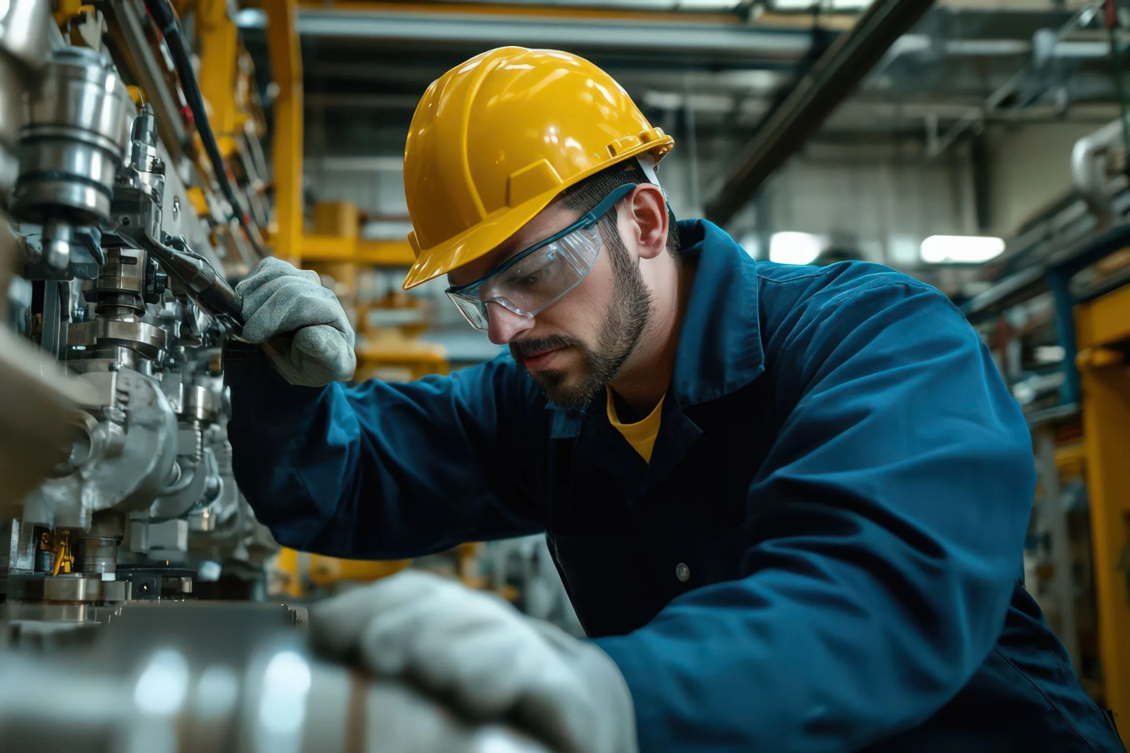 Technician in a yellow hard hat working on plant machinery