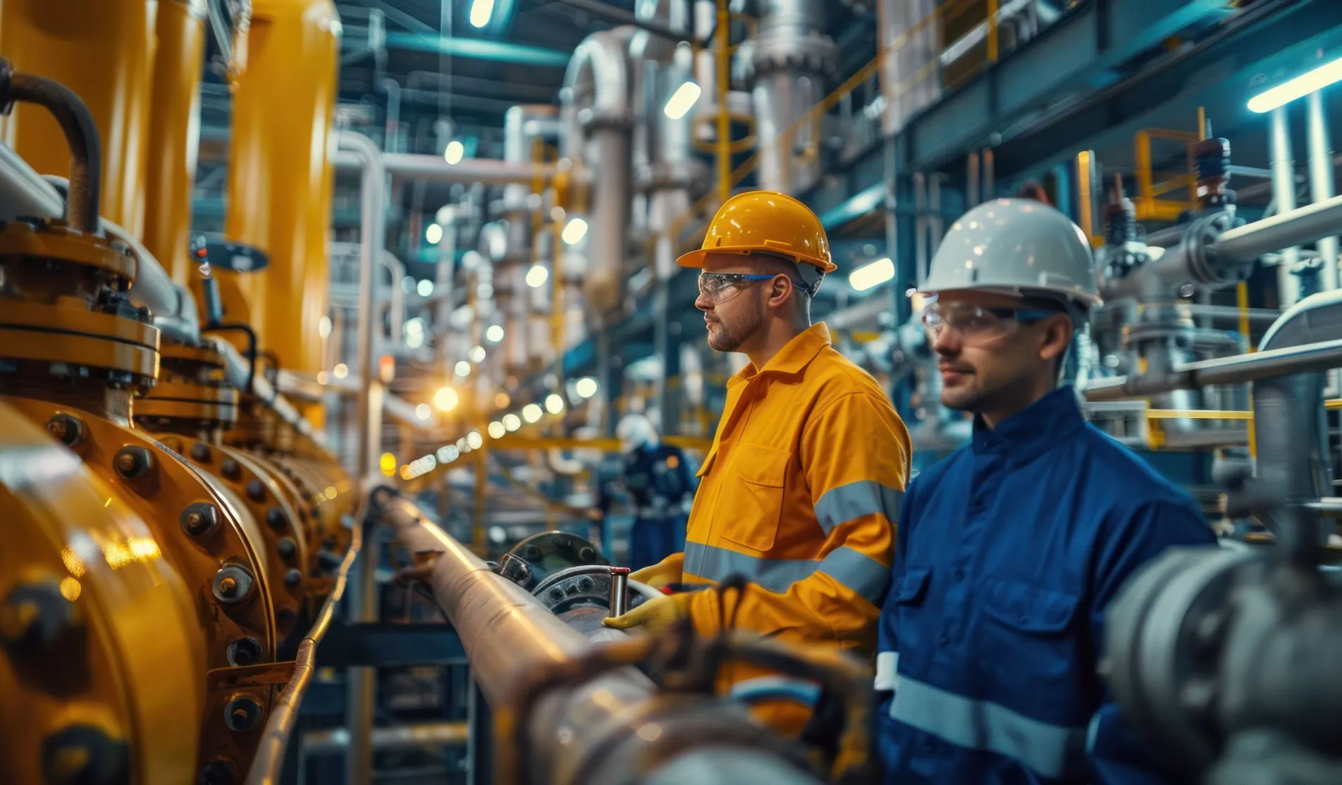 Two plant engineers beside a large process pipe