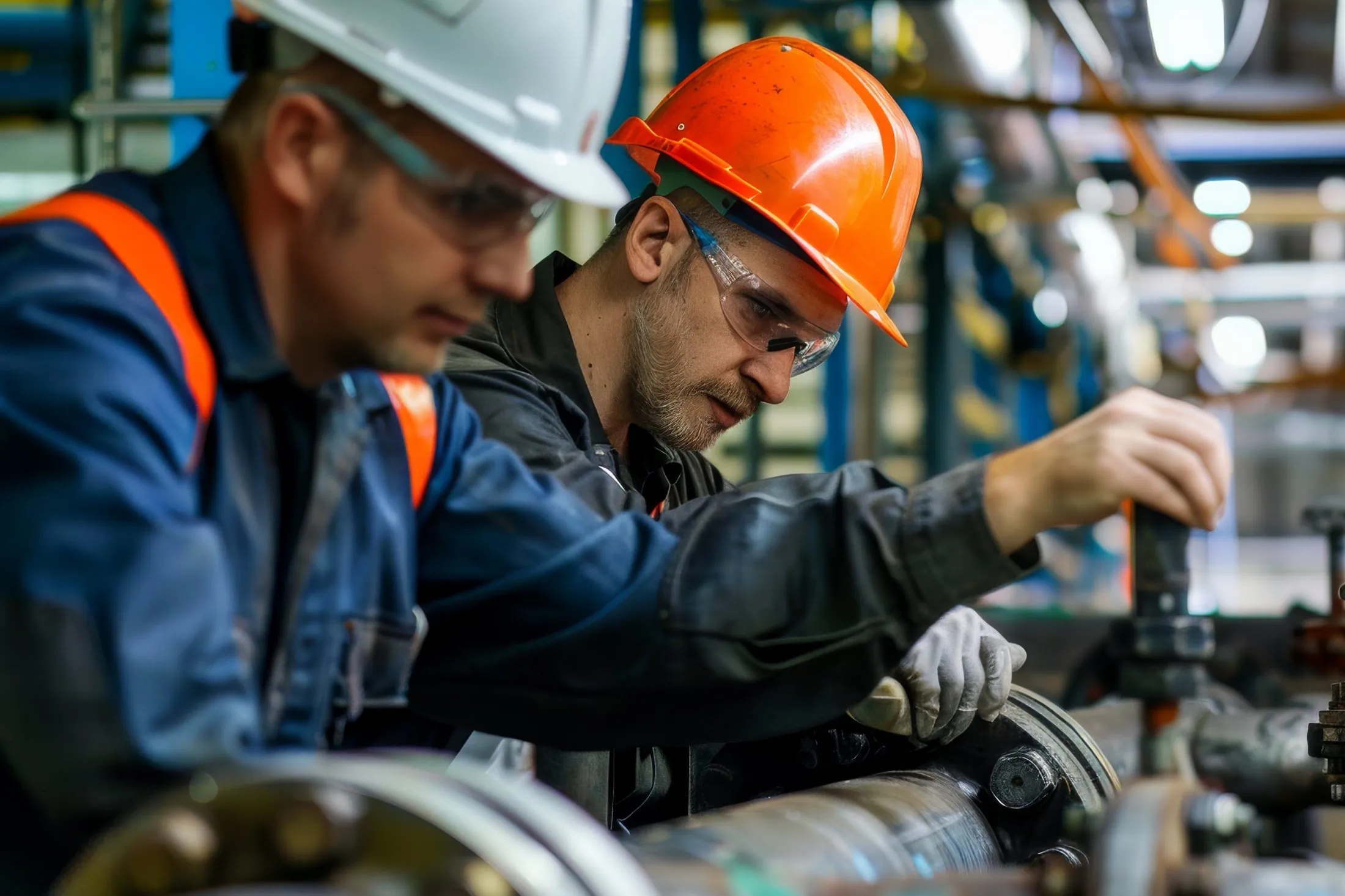 Two technicians in hard hats working on a pump at a processing plant