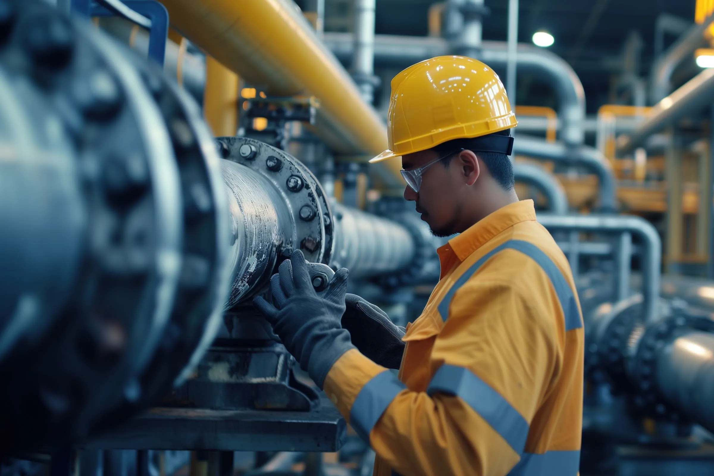 Technician in a yellow hard hat checking a large flanged pipe joint