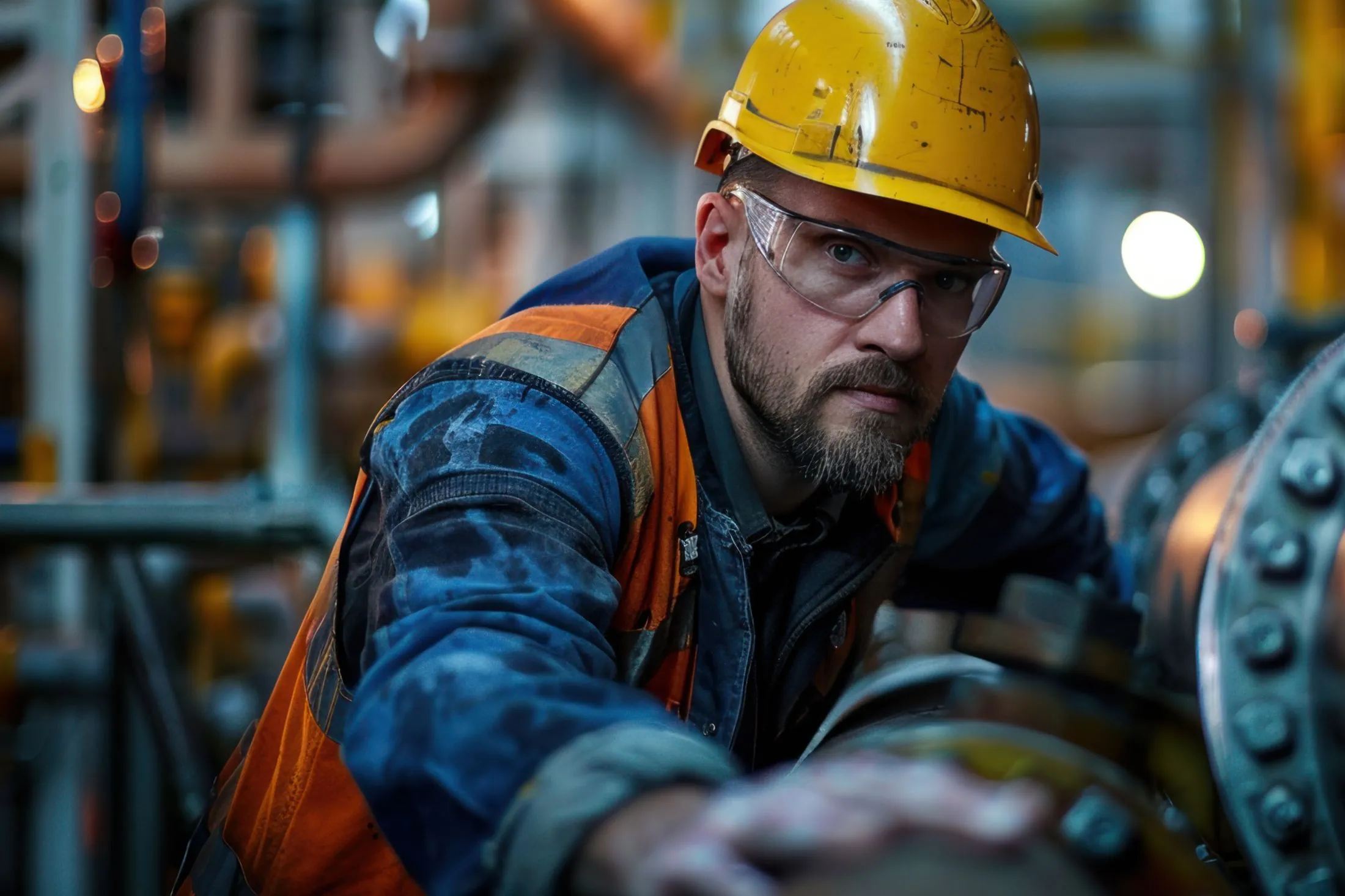 Plant technician in a hard hat and safety glasses working on a flanged pipe connection