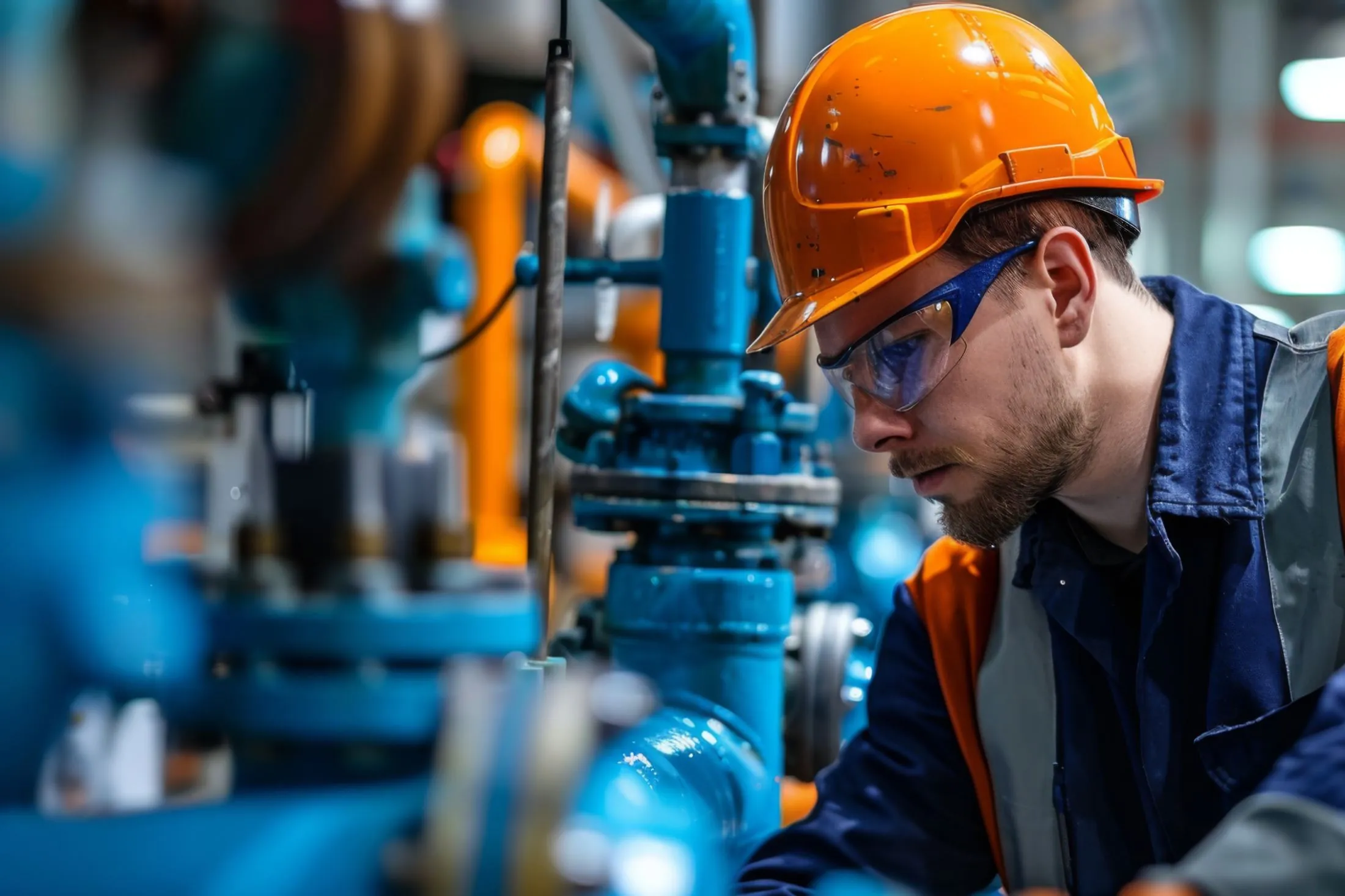 Technician in an orange hard hat inspecting valves at a fluid processing plant