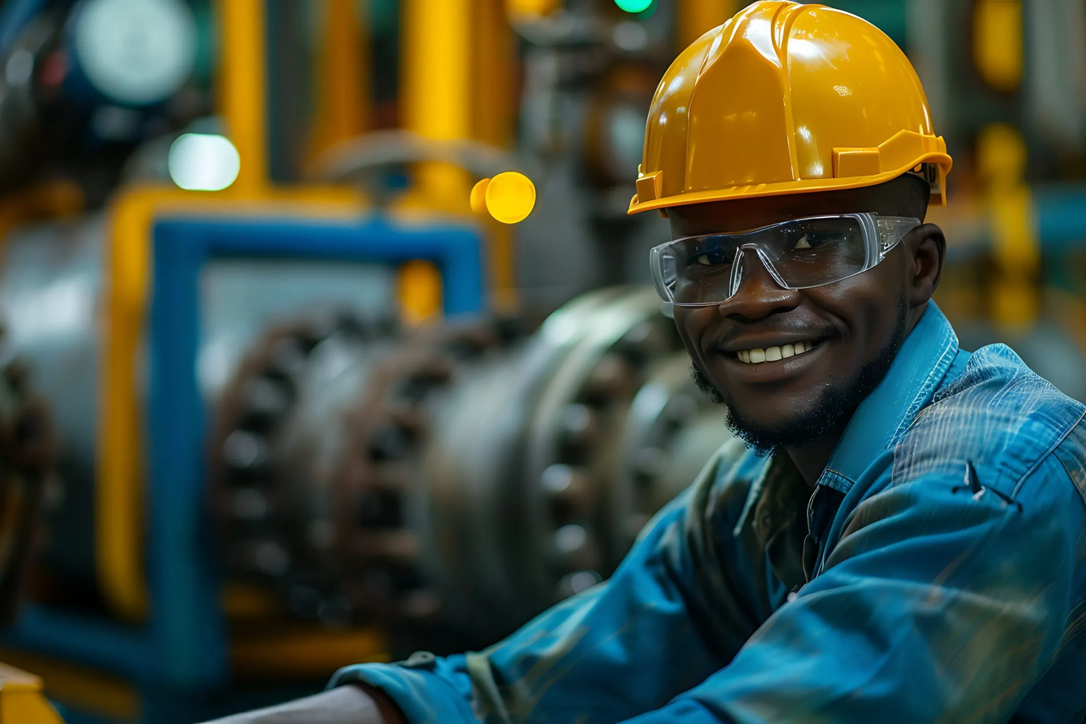 Smiling technician in a hard hat and safety glasses at a fluid processing plant