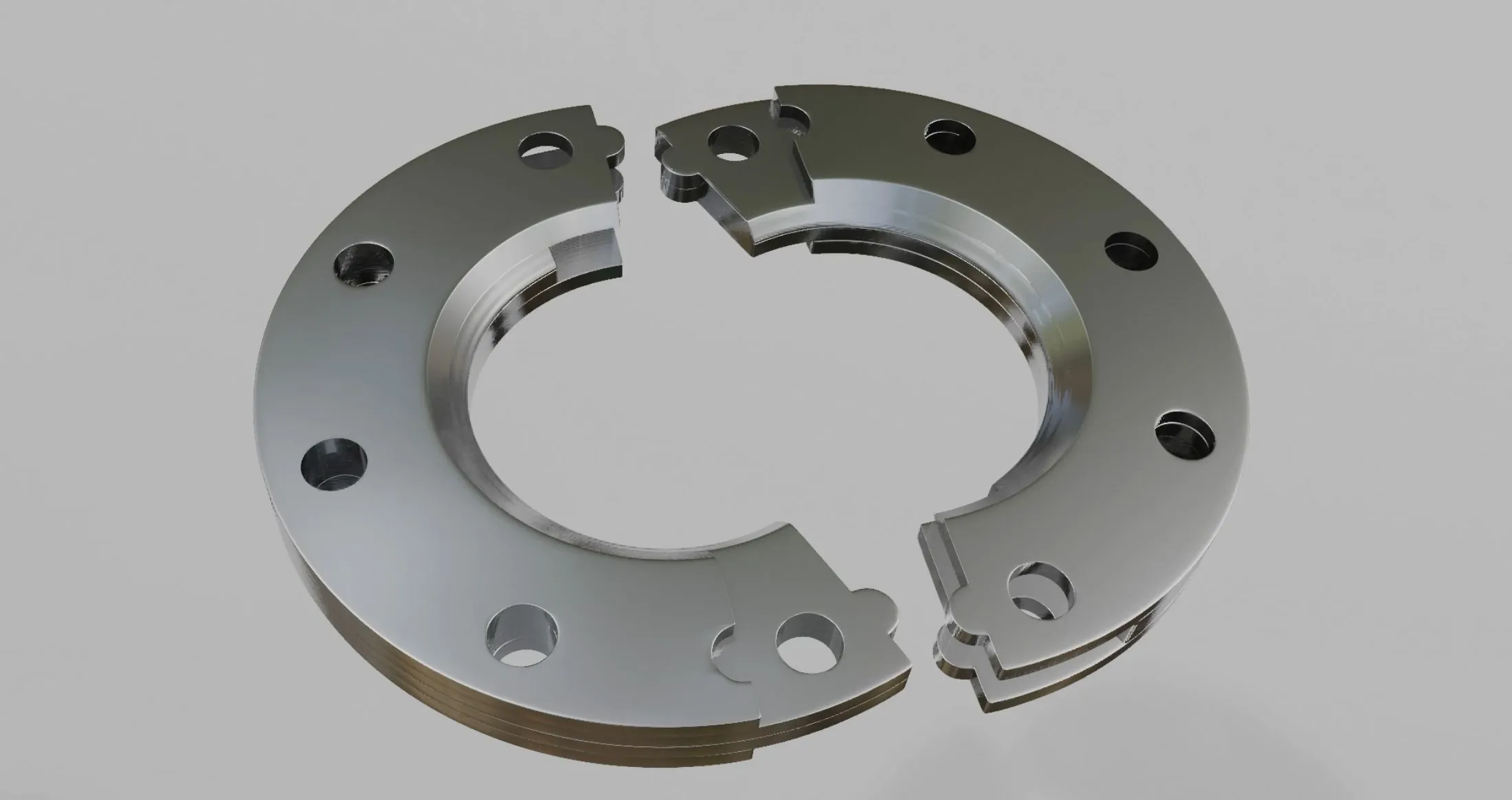 Marzolf two-piece interlocking split flange, opened to show the interlocking halves